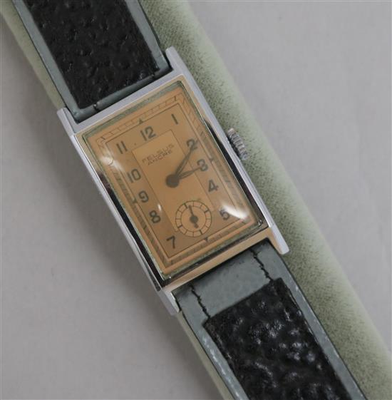 A gentlemans stainless steel Felsus Ancre rectangular manual wind wrist watch.